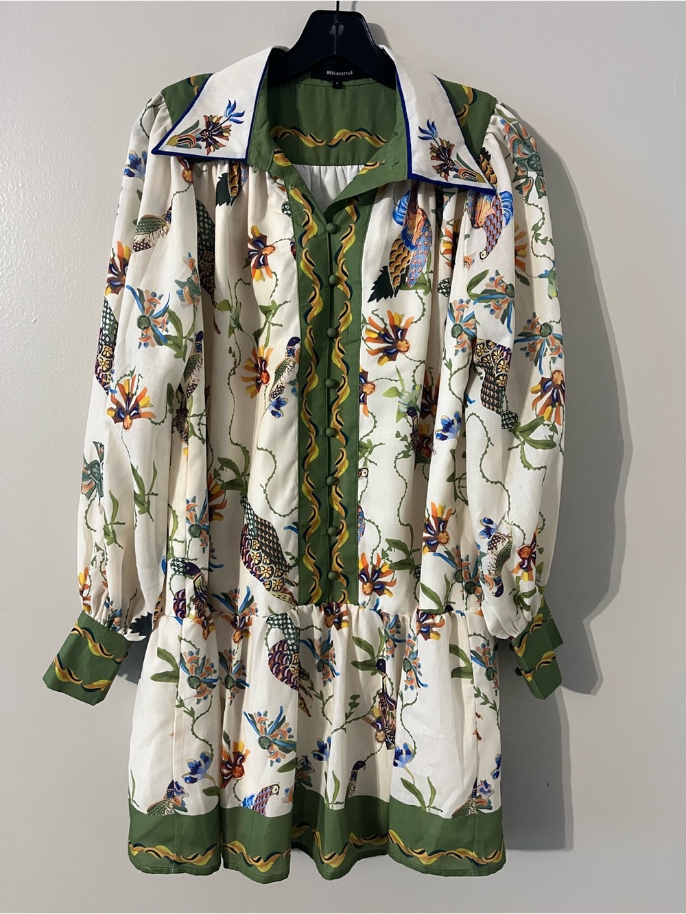 Beulah Bird Print Boho Midi Shirt Dress Green Size S